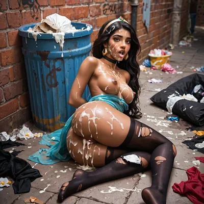 Jasmin from Aladdin, dark brown skin, lying on her side on the floor, dark alley, trash thrown everywhere, hands tied behind her back, legs tied, covered in cum, cum on ass, cum on tits, cum on face, creampie, cum flowing from mouth, blushing, black stockings, choker, Jasmin's dress torn, breasts showing, hard nipples, Agrabah alley, detailed background