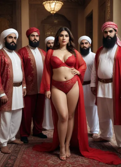 Fashion portrait Persian girl chubby body, in red Arabic design lingerie, surrounded by a gang of tall Bearded Handsome Muslim sheik.