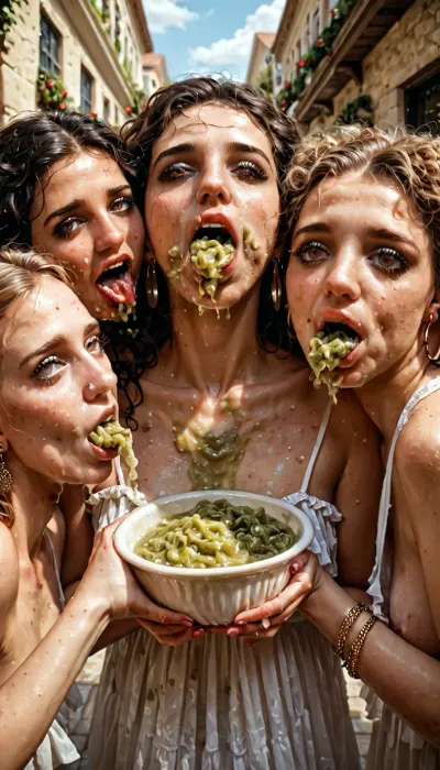 Harem, many beautiful ladies, everyone covered in vomit, vomit fetish, sharing vomit, vomit orgy, in public, sunny weather, eating vomit, vomit smearing, playing with vomit, explosive vomit covering other faces