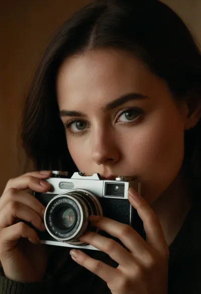The image portrays a young woman with long, dark hair holding a vintage camera close to her face, partially obscuring one of her eyes. She gazes directly into the lens with an intense, thoughtful expression. The photograph has a distinct cinematic and nostalgic aesthetic, with soft lighting, a grainy texture, and subtle color grading that gives it a vintage, film-like quality.

The subject's face is positioned slightly off-center, drawing immediate attention to her sharp and expressive features. Her dark, well-defined eyebrows frame her deep-set eyes, which are slightly shadowed, adding to the introspective mood of the image. Her lips, which are slightly parted and tinted a natural red, contrast subtly with her smooth, pale skin. Strands of hair fall loosely across her face, reinforcing the unposed, organic nature of the portrait.

The camera she holds is an older model, silver and black with a rounded lens, possibly a vintage point-and-shoot film camera. Its reflective surface catches some light, making it a noticeable focal point. Her fingers gently rest on the camera's body, showcasing her relaxed grip, suggesting familiarity and comfort with the device. The camera partially obscures her left eye, creating an artistic and symbolic interplay between the act of capturing an image and being observed.

The lighting in the image is soft and diffused, casting a gentle glow on the subject’s skin. There are no harsh shadows, which enhances the ethereal quality of the portrait. The overall color palette consists of muted greens, blues, and sepia tones, adding to the vintage ambiance. A slight light leak effect, visible on the left edge, introduces warm, reddish-orange hues, reinforcing the analog film aesthetic.

The background is blurred, placing the emphasis entirely on the woman and her camera. This shallow depth of field isolates the subject, directing attention to the details of her face and the textures of the camera. The soft blur of the background suggests an indoor or dimly lit setting, though specific environmental details are indistinct.

The image exudes a sense of quiet introspection and nostalgia. The subject’s expression is serious yet calm, with an enigmatic quality that invites viewers to interpret her emotions. The presence of the vintage camera further reinforces themes of memory, storytelling, and the passage of time. It suggests a personal connection to photography, hinting at themes of capturing fleeting moments or looking at the world through a different lens.

The film-like grain and light leaks contribute to the dreamlike atmosphere, making the image feel like a memory frozen in time. The muted tones evoke a feeling of solitude, while the subject’s direct gaze creates an intimate connection with the viewer.