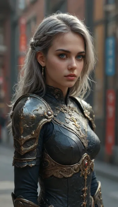 safe_pos, score_9, score_8_up, score_7_up, full body, ((middle image plan, general image plan)), ((full image, full body image, head to toe image)), a solo female warrior, She has blue eyes, medium-sized breasts, and short, grey hair adorned with a hair ornament. Her makeup is minimal, with parted lips and accentuated eyelashes. She has a piercing on her ear and a realistic, expressionless look on her face.
Influenced by graphic novels, the art style incorporates sharp lines and high-quality, high-resolution, (hires), detail. the female warrior, complete with shoulder armor, gorget, and pauldrons., (((random detailed background))), (((((upper body))))), dynamic pose, (((full clothed))), <lora:detailed_notrigger:1>