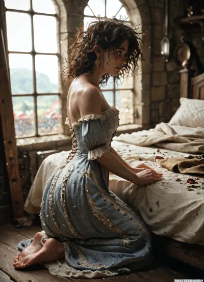 Medieval dress, on her knees, on a bed, in a dungeon, side view, messy hair, after sex