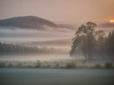 country, landscape in the fog, at the sunset, forest inhabited by beautiful strange animals like elves or unicorns, <lora:Background_Detail_v3:.8>, <lora:more_details:.8>