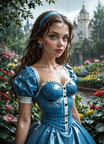 Alice, Disney, Disney Princess, classic outfit, latex clothing, torn clothing, rainy day, wet body, in a garden in Wonderland, 3/4 body view, detailed background