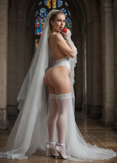 African Woman, black skin bride, (huge tits:1.3), 29 years old, 4K hyper realistic photo, (frontside view:1.3), transparent figure-hugging tight silk wedding dress with deep cleavage, lace wedding veil blue bow wedding garter, white garter belt fish net stockings, long white lace gloves, perfect hourglass figure, athletic and muscular body, narrow waist, stunning beautiful face, little black makeup, perfect smokey eyes, laughing uproariously, eyes are open, eye pupils are visible, nipple piercing, belly button piercing, perfect rounded apple sized large muscular ass, muscular thighs, landing strip trimmed shaved public hair, tattoo, golden jewelry, (ass licker pov:1.3), full body shot, blonde hair, dutch braid, background church altar and church window, groom in bondage gear knees beside the bride