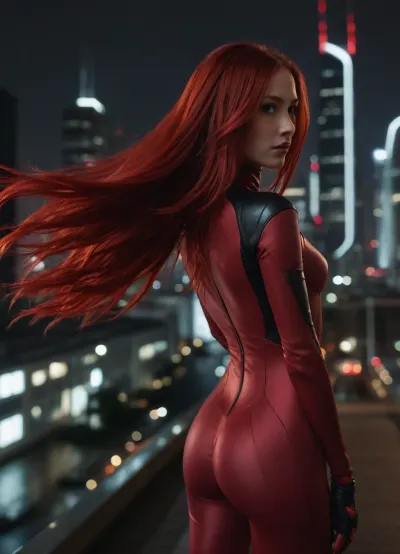 long red flying hairs, dark red plugsuit, black patches, facing camera, at night, background is futuristic city