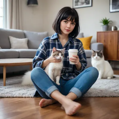 wrapped in a plaid plaid, she sits on the couch next to a fluffy kitten and drinks coffee, front view, cozy bedroom, black hair, bob haircut and straight bangs, blue eyes, tanned cutie, panorama of the floor from afar in the foreground of a full-length vertical frame