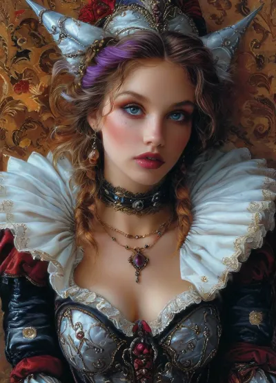masterpiece, best quality, dark background, 1girl, 19yo old, solo, looking at viewer, long hair, ponytail, purple hair, very long hair, white hair, magical girl, (style Luis Royo:1.5), (Prohibited), leather, halter, ball, gown, knee, length, short, elbow, gloves, full, body, shot, <lora:tbh129-sdxl:.9>, <lora:abstract_k_XL:.6>