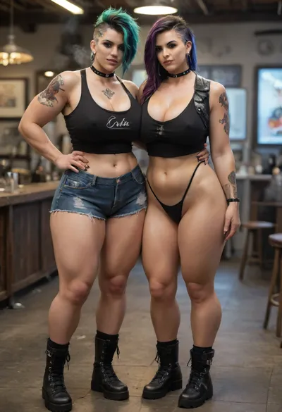 Two muscle mommy steam punk women embracing, both women are voluptuous and tall, realistic masterpiece, (pinup style, tall, curvy women, long straight hair), tattoos, ((full body in frame:1.1)), textured skin, standing in steam punk bar, facing camera, 30 years old, beautiful, seductive, wide hips, busty, very thick thighs, (((wearing steam punk clothes with ankle steam punk boots))), (perfect hands:1.2), high quality, colorful clothing, plus sized models, proportional legs, proportional feet, <lora:DonaughtX2Lora-000105:.5>