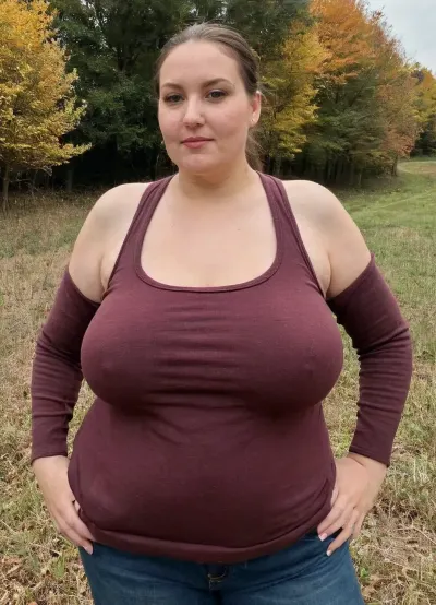 (masterpiece, best quality:1.2), very plus-size 1 girl, (((ssbbw))), ((oversized massive bosom)), 42yo milf, solo, blue jeans, (anthracite fleece troyer, no bra, braless, long sleeves:1.2), pretty eyes, thick brown hair, bright grey eyes, hair in a ponytail, slight grey in hair, in autumn Canadian landscape, slightly smiling, photorealism, perfect face, portrait, braless, Wearing, clothes, that, make, sense, with, fat bbw, body freckles, sagging belly, shapeless, saggy, (old big breasts, hanging deep, heavy boobs, big saggy old boobs, big teardrop shaped breasts, erect nipples), ((nude below waist, dark burgundy tank top)), Braless>, sagging, big breasts, megachubsdxl, morbidly, obese, <lora:bralessSDXL_v1_00022:.5>, <lora:sagging-000015:.7>, <lora:megachubsdxl_13:.3>