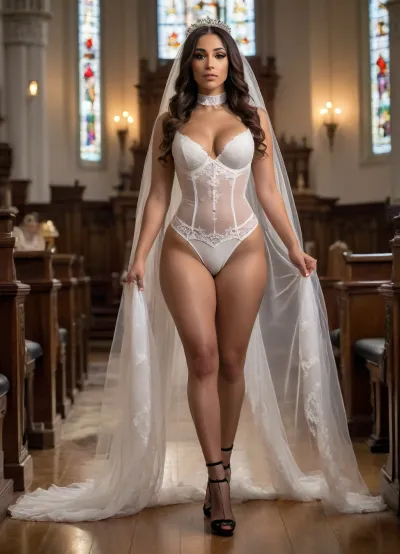 In a hauntingly beautiful 4K photograph, a young latina shemale bride stands at the altar, her brown skin glowing warmly under soft, golden lighting. From the side view, she exudes a captivating presence with her perfect hourglass figure, adorned in a white leather bustier and matching five-pocket white latex hotpants that accentuate her curvaceous silhouette, long lace bridal veil. Her semi erected flaccid hanging penis is visible. Her long, muscular legs are encased in fishnet stockings and stiletto heels, while her hands holds a black leather collar with a metall chain as leash. Behind her, the horrified faces of the priest and guests are visible through the detailed church altar and window, adding a chilling contrast to the warm, ethereal lighting of the scene.