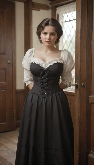 Victorian England, an old overgrown, unkempt park around a gloomy mansion, dusk, in a small clearing stands an old leaning wooden shack, the door to it is open, inside you can see a rough wooden bench and a rough wooden table, beautiful curvy milf, 45 year old, A confused look, novuschroma40, style, <lora:victoriansxl_v1:.5>, <lora:old_world:.5>, <lora:CBS_novuschroma40 style:.5>, bustle, dress, <lora:2f514dcf-d08f-4442-9d40-218d36bf37b7.TA_trained:.5>