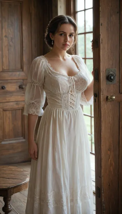 Victorian England, an old overgrown, unkempt park around a gloomy mansion, dusk, in a small clearing stands an old leaning wooden shack, the door to it is open, inside you can see a rough wooden bench and a rough wooden table, beautiful curvy milf, 45 year old, A confused look, novuschroma40, style, <lora:CBS_novuschroma40 style:1>