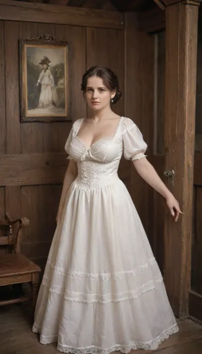 Victorian England, an old overgrown, unkempt park around a gloomy mansion, dusk, in a small clearing stands an old leaning wooden shack, the door to it is open, inside you can see a rough wooden bench and a rough wooden table, beautiful curvy milf, 45 year old, A confused look, novuschroma40, style, <lora:victoriansxl_v1:.5>, <lora:old_world:.5>, <lora:CBS_novuschroma40 style:.5>