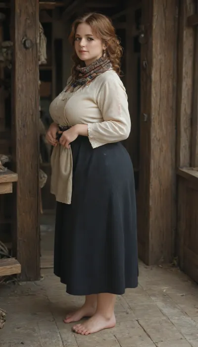 medieval England, a village, a beautiful curvy mature milf, 40 year old, full-length image, peasant woman in a knee-length white linen shirt with a straight slit in the front and a turn-down collar, with wide sleeves without cuffs sewn in with gusset inserts, The sleeves of the shirt are decorated with bright embroidery at the bottom, long, narrowed at the wrist with stitched small folds, a woman wears a long dark skirt over the shirt and a light knee-length apron. The skirt gathers at the waist and is trimmed at the hem with bright braid, the apron is also decorated with braid, over this she wears a dark sweatshirt with long sleeves and a low neckline, fitted at the waist, a fringed shawl on her shoulders, Her head is covered with a scarf, her ginger hair is curled into temple braids, intertwined with wide ribbons., plump, skindentation, chubby, bbw, venus, body, big, breasts, ass, <lora:Chubby BBW - XL:.5>, <lora:tbh45-sdxl:.5>
