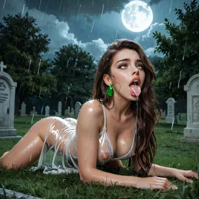 Ghost dick in her ass, Womderwoman, classic outfit, transparent clothes melt down places, rainy night, wet body, long hair, on grass of a cemetery, penis smoke Green ghost enter her mouth, sexy looking, Brown eyes, orgasm, detailed background, tongue, out, ahegao, drool, <lora:ahegao_sdxl_v4:.5>