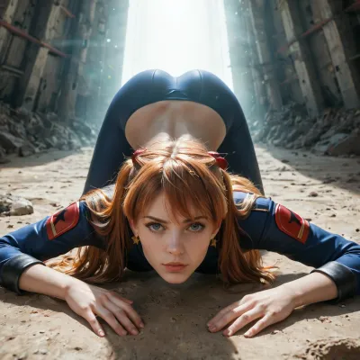 asuka, langley, long red flying hair, Star Trek uniform, black choker, (sexy midriff:1.2), facing away, ass up face down, looks over her shoulder towards you, background is industrial ruin, focus on face, crepuscular rays