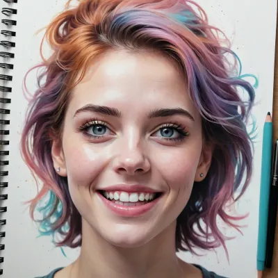 grinning girlfriend in pastel grease pen, art portfolio sketchbook, style of Agnes Cecile