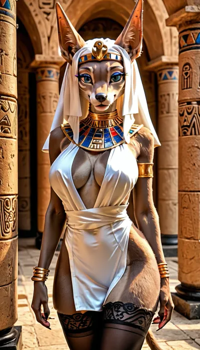 female jackal, (((furry))), Egyptian jackal goddess, top.less, big breasts, slim body, cute big eyes, shows off body, perfect glutes, smile, seductive, slim legs, furry tail, stockings HD Roberts style art, do, you, like, my, bum, <lora:doyoulikemybum:.5>