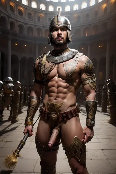 Coliseum, 25 years old men is standing naked, in the armor of a Roman praetorian, erected penis, tattoos, <lora:BetterCocks:.5>