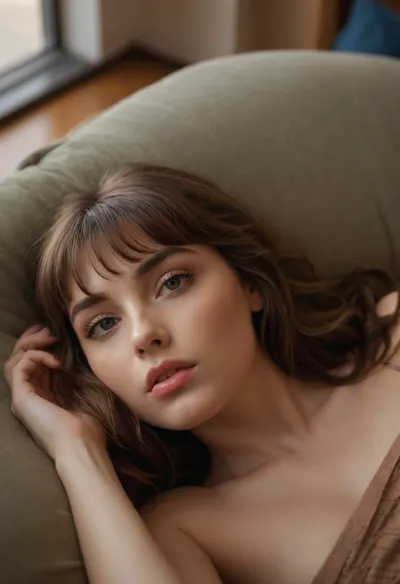 stunning fashion magazine cover portrait of a high fashion model with warm brunette hair cut in textured waves with cute bangs and a defined fringe, playful eyes, long eyelashes, looking away conspirationally, lip bite, cozy setting, lying on couch, lying on stomach, natural window light, golden hour lighting, gentle and inviting expression, (long legs, view from above, medium distance shot, head resting on arm, wearing cute socks), ziprealism