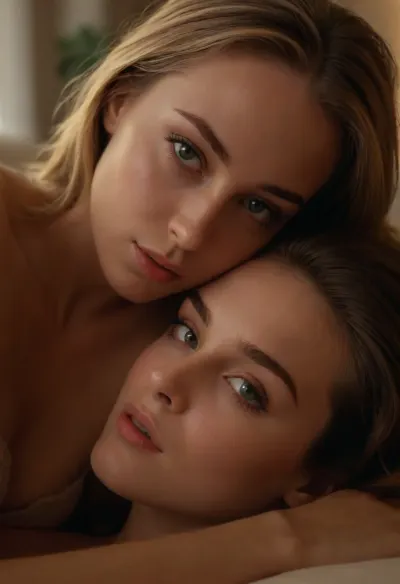 a sensual portrait of girlfriends cuddling intimately on the couch, delicate features, playful eyes, long eyelashes, contented expression, makeup model, cozy setting, natural window light, golden hour lighting, (foreplay, teasing, anticipation), ziprealism, sunnyrayyxo, <lora:sunnyrayyxo_v1_SDXLBase:.4>