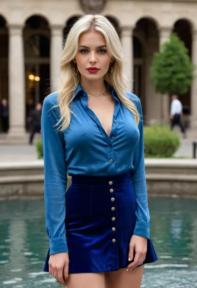 Dina Jewel, long white blonde dyed hair woman in busy public downtown, (woman wears a plain long deep blue velvet buttoned shirt blouse:1.4), black wrap skirt with floral pattern, big earrings, jewellery, necklace with pendant, blouse half open, nice natural hanging tits, nipple slips, braless, no panties, (she is in a lascivious pose on a fountain:1.2), legs spreading, nice trimmed pussy flashing