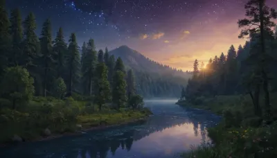 Create a serene and enchanting scene of a romantic landscape at dusk, with a meandering river that flows gently through the heart of the forest. The night sky above is a deep shade of indigo, adorned with a tapestry of twinkling stars that shine brightly like diamonds against the dark canvas. The forest, lush and vibrant, is dotted with tiny spots of soft, warm light, as if fireflies or string lights are scattered throughout the trees, casting a magical glow across the landscape. The atmosphere is peaceful and tranquil, with a sense of wonder and romance that fills the air, inviting the viewer to step into this idyllic world and get lost in its beauty.