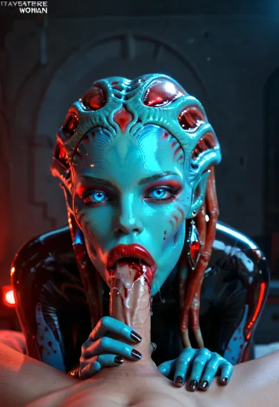 Masterpiece, ultra-realism, 1 woman alien a 2m40, (alien woman:1.7), makeup, narrow waist, alien hair, blue eyes, glowing eyes, look at viewer, high detailed face, (transparent saliva:1.2), earrings, (big lips:1.2), excited look, (glossy red lipstick:1.2), (blood), shiny skin, thin, huge breasts, latex dress, wide hips, glowing vagina, red glowing altar, alien woman on top man, On all fours, (pov, penis deepthroat), 1 man lying on back, Penis, blood, side view, Cinematic light, best quality, mega detailed, mega quality, high detailed