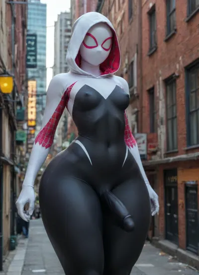 Ghost-Spider, mid twenties Gwen Stacy her face beautiful face rosy cheeks and blue eyes exposed, slender, futanari, big erect penis under clothes, (very small breast:1.5), big hard erect nipple under clothes, (oversized massive thick thighs:1.5), (oversized wide hips:1.5), wearing a her sleek black bodysuit with a white hood that is attached to her body suit as one piece while unhooded and folded around her shoulders, with pink accents around her inner biceps and interior of her hood. She is standing ready for action with her blonde vibrant hair. With a background of a futuristic New Your City as she stands on the top of a corner edge of a building you can notice her feet at the edge. She gazes out towards the city and the beautiful sunset. View from side., wears, a, hooded, bodysuit, spiderman, mask, lookalike, <lora:SpiderGwen1024:.5>