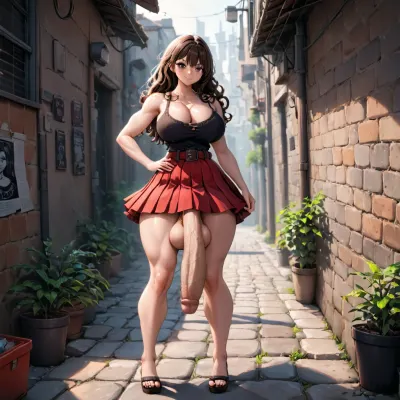 (masterpiece, best quality:1.2), extremely detailed, ambient soft lighting, 4K, 1girl, solo, standing, spread legs, (beautiful woman, muscular, tanned, huge penis:1.4), long hair, brown hair, wavy hair, looking at viewer, puffy lips, closed mouth, smile, (black tanktop), (lifting her red skirt:1.2), cleavage cutout, belt, curvy, large breasts, thick thighs, outdoors, in an alley, (huge penis:1.4), huge testicles, gigantic testicles, resting testicles, cock sheath, fhb, erection, Read, Description!, large, penis, testicles, cock, sheath, dark, pink, <lora:5_fhb-64:.5>, <lora:Erect Horse Penis v7.7:.6>