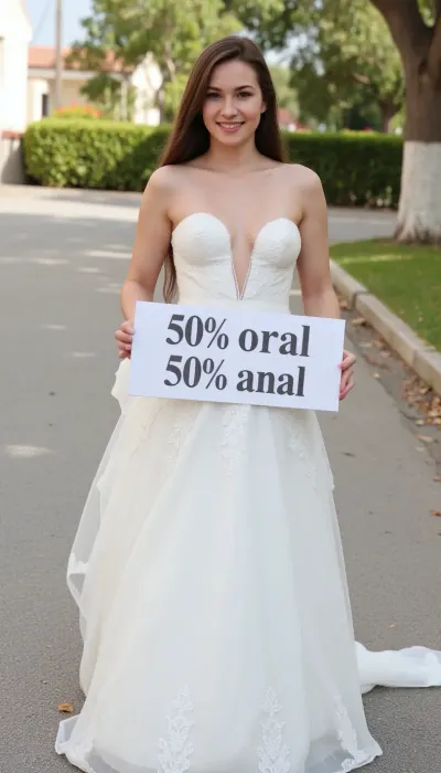 A 30 year old, (slim slender), brown hair, sexy wedding dress, on street, smiling, full body, With a sign printed in large letters "50% oral 50% anal"