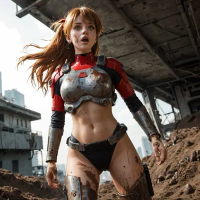 asuka, langley, long red flying hair, (scratches on the face:.9), Star Trek uniform, futuristic armor plates, (missing breastplate:1.3), (sexy midriff:1.1), heavy boots, being lost, outdoor at industrial futuristic ruin, lost in battle zone, surprised expression, highly detailed eyes, dirty face, muddy face, muddy arms and legs, cumshot, background is industrial ruin of futuristic city, camera from below, (focus on breasts:.9), (focus on penis:1.2), closeup, crepuscular rays, god rays, volumetric lighting