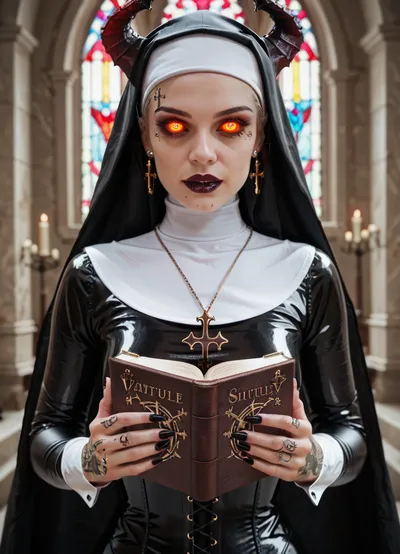 Evil demonic creature, succubus, accurate hands and face, holding bible, long fingers, manicure, devil horns and tail, nun, habit, latex corset and pierced nipples, tattoos, really big glowing eyes, very detailed