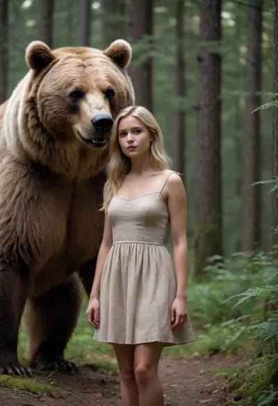 girl • animal • predator • dress • bear • blonde • outfit • tenderness
