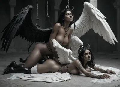 In hell, dark castle, muted colors, (Monochrome:1.7), (two ideal Angel dark skin ebony:1.7), (sex with big black two monster crap with big wings and with horns and a tail:1.5), tail, horns, (crap squeezes chest with pawsfull on angel:1.5), anal, doublperforation, grouposex, orgy, gay sex, lesbian sex, handjob, blobjob, slim body, (tattoo full body:1.5), (big black wings:1.4), (big breast:1.3), (big ass:1.3), (thin waist:1.3), silver very long hair, hard nipples, (piercing on nipples:1.2), (piercing), international, (full tattoo on hips:1.3), (full tatto on chest:1.2), (full tatto on stomach:1.4), sexy look, expressive look, biting lower lip, smudged makeup, crying, orgasm, big socks, (Suspension shibari rough sex anal penetration:1.2), (holds by hair:1.2), (chains), (big dick monster crap:1.4), (smeared makeup:1.4), white stockings, black high latex boots