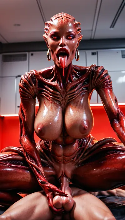 1 woman gigantic alien, (red gigantic woman:1.2), (1 man mini:1.3), alien ship, incubator sperms, human experimentation, close-up, ultrarealism, masterpiece, alien tongue, woman on top man, (cowgirl posing:1.2), vaginal sex, (Woman holding testicles), (alien woman:1.5), makeup, narrow waist, glowing eyes, look at viewer, earrings, (big lips), excited look, (glossy red lipstick:1.2), (transparent salvia:1.3), high detailed face, shiny skin, thin big breasts, (long dress), wide hips, (bent over), red glowing, blood, man lying, rear view, rear focus, Cinematic light, best quality, mega detailed, mega quality, high detailed