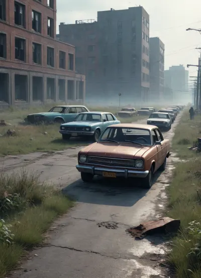 `Post-apocalyptic wasteland with crumbling city ruins overgrown with weeds, cracked asphalt road littered with abandoned rusty cars, (broken windows, decayed interiors), desolate field stretching to the horizon under a foggy sky, distant zombies shambling near collapsed buildings, 8k resolution, hyperrealistic details, cinematic HDR lighting, anti-aliasing, depth of field, photorealistic textures, (rust, cracked concrete, weathered surfaces), ray-traced shadows, volumetric fog, ambient occlusion, sharp focus on foreground debris, (shattered glass, torn posters), cold blue-gray color grading with muted accents, lossless PNG format, no pixelation, no compression artifacts.`