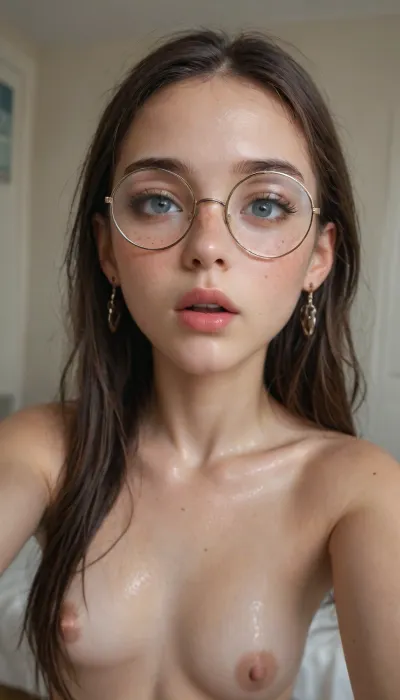 Young girl, big long eyelashes, (light eyes:1.2), (((oiled skin))), (natural daylight), ((best pose selfie)), rich color palette, masterpiece
small, petite, skinny, small body, slender body, (glasses), ((round glasses)), ((very long hair)), (naked nude:1.4), ((shock)), ((freckles body)), (blush), <lora:add-detail-xl:.5>, <lora:nwsj_xl_v2:.1>