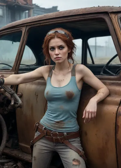 `Post-apocalyptic wasteland with a desert ranger woman actively prying open the rusted door of an overturned car, her gloved hand gripping a crowbar, debris scattering as she leans into the vehicle's gutted interior, tattered clothing, (frayed leather straps, torn belts), stained with dirt and oil, fierce amber eyes focused on scavenging, wind-tousled auburn hair escaping her makeshift headscarf, surrounded by abandoned cars with shattered windows and collapsed roofs, cracked asphalt littered with broken glass and twisted metal, distant zombies silhouetted against foggy ruins, 8k resolution, hyperrealistic textures, (peeling paint, weathered skin, gritty surfaces), cinematic HDR lighting casting sharp shadows, anti-aliasing, depth of field emphasizing her interaction with the car, ray-traced reflections in puddles of oil, volumetric fog blending cold blue-gray tones with muted rust hues, lossless PNG format, no pixelation.`, kkw-new-neg-v1.6
