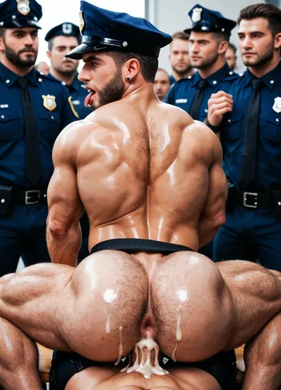 Gay, back top view, a 45 years old beefy muscular gay male, short brown hair and beard, hairy chest, hairy asshole, wearing torn cop uniform, ripped open police shirt uniform, torn, jockstrap, police cap, on all four on police desk, spread legs, exhibiting his big booty, big round ass, in police office, flag of U.S.A on background, exhibiting his enormous ass, oiled ass, exhib, gooner face, tongue out, rolling eyes, cum and saliva on face, cum, semen, crowd line up, crowd people arround, exhib in public, full lenght view, far view, gay.