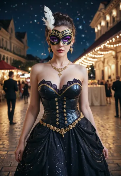 A beautiful courtesan at a mask festival in Venice, at night, wearing an elaborate and ornate mask with intricate gold filigree and feather design, luxurious dress of deep purple and black velvet, adorned with sparkling gold embroidery. black corset of lace and leather, starry night on the canals of Venice