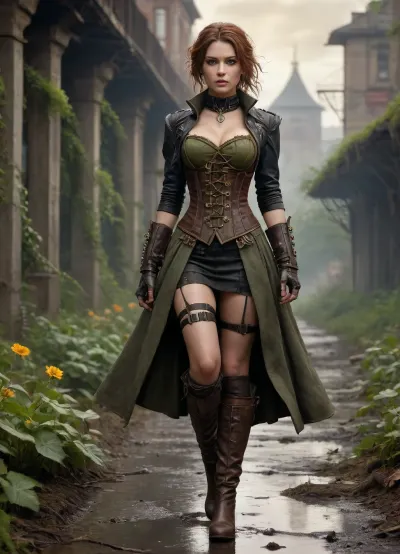 Silent stride: a lone steampunk explorer in the overgrown cityscape - an 8k resolution hyperrealistic journey through a post-apocalyptic landscape