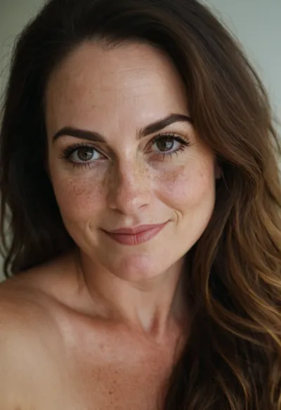 mature, 50 years old, brunette long hair, curvy, big huge black eyes, freckles on face, thick black eyebrows, pale skin, very cute and sexy, long face, wide face, big long chin, naught smile, in the morning, selfie