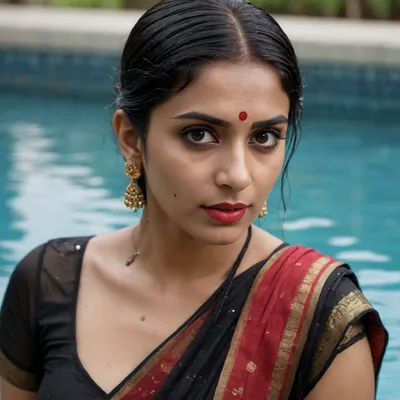 Indian women in black sari, cleavage, red lips, long eye's, detailed face, highly detailed facial features, covered in back sari, mature, 3d, realistic, 4k, background pool with crystal clear water, wet hair with water dripping, front view, looking at camera.
masterpiece, best quality