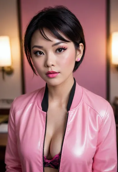 3/4 shot of Jubilee from the X-Men sucking cyclops’ cock, 18 year old, Japanese Korean, young looking, youthful exuberance, short spiky black hair, 5’2”, 120 pounds, a-cup breasts, chocolate colored eyes, big nipples, yellow latex bomber jacket, pink accessories, bright pink flourishes, pink lipstick, pink blush, pink eyeshadow, black eyeliner, long lashes, Asian, short hair