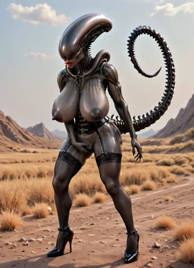 female xenomorph outside, in a futuristic landscape, red lips, tail, super huge saggy breasts, super sloppy breasts, super hanging breasts, big dark areola, big stiff nipples, a third of the breast is areola, flesh-colored areola, flesh-colored nipples, corset, stockings and high heels, futanari, masturbated, penis above pussy, <lora:female_xenomorph_sdxl_V2:1.8>