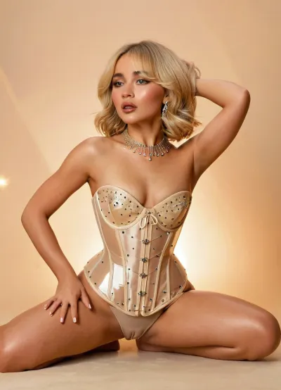 full body image of beautiful sexy slender 25-year-old blonde woman, petite, a round face, wearing a transparent plastic corset adorned with rhinestones and metallic embellishments, no short, pussy visible, pussy exposed, Smokey eye makeup, Brown eyes, French bob blonde, doggy on the floor, in the photo studio, minimal cream background, sbrn, crpntr, woman, <lora:sbrn crpntr woman v1a:1.4>