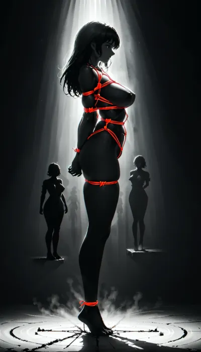 ((full body black and white artistic nude picture of a breathtaking naked woman with large perfect breasts in shibari bondage)), from side, black and white with red colored ropes, macro, silhouette, curvy body, sexy body. Dark background creating the impression of fog. shibari. japanese. bondage. Graceful. lov light. distance, Low-key, lighting, Style, dim, light, low, dramatic, Split, Lighting, style, realistic proportion, ultra realistic, partially, in, shadow, <lora:Low-key lighting Style:1>, <lora:Split Lighting style v2:1>