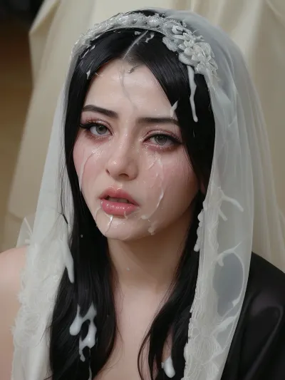 cumshot on black sleek hair of Bride, sad face, focus on hair, Crying, Iranian Modern slut bride, CUm on hair, cumshot on hair, realistic, HD, 8K, real photo, with sony camera, the slut bride, cumhair, cumshot, At the wedding among all the guests, <lora:Cumhair_SD15_V1:1.1>, <lora:detailed_eye-10:.8>